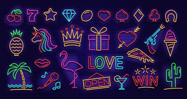 一组霓虹灯图标。赌场、酒吧、咖啡馆的霓虹灯图像。