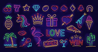 一组霓虹灯图标。赌场、酒吧、咖啡馆的霓虹灯图像。
