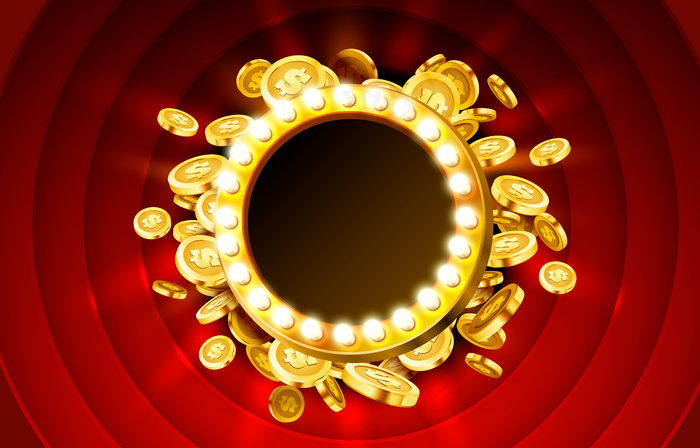 赌场灯框与黄金逼真的三维硬币背景。