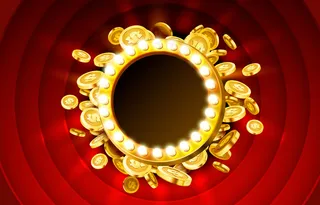 赌场灯框与黄金逼真的三维硬币背景。