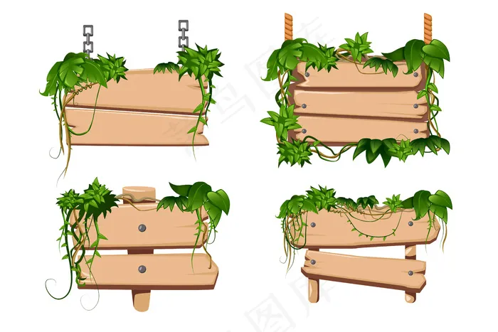 热带缠绕藤本植物的叶子缠绕在经典的卡通木制标志牌周围，相互隔离eps,ai矢量模版下载