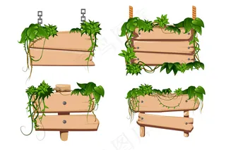 热带缠绕藤本植物的叶子缠绕在经典的卡通木制标志牌周围，相互隔离