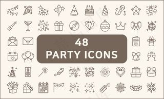 一套48个聚会和节日图标线样式。包括气球，生日，音乐，烟花，礼物，装饰等图标。