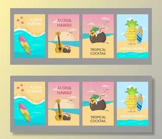 多彩的夏威夷海报设计与海滩。生动明亮的热带元素和水果特征。夏威夷度假和夏季概念。宣宣传单,DM传单或传单模板