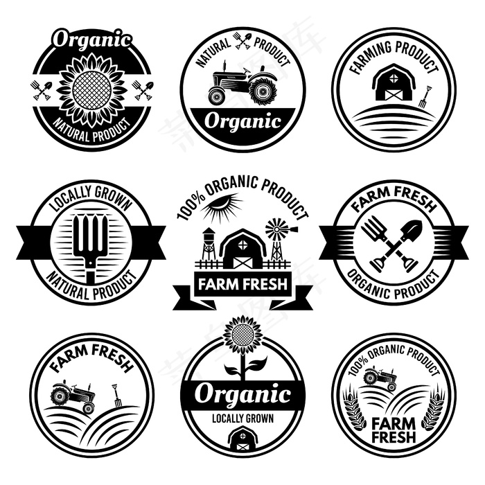 农产品、农产品和有机产品一套单色圆形标签、徽章或标志
