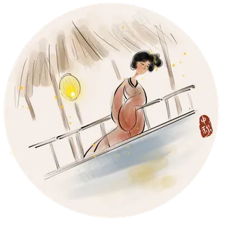 中秋节水墨茅草棚下赏月的少女