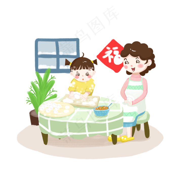 卡通手绘一家人包饺子场景