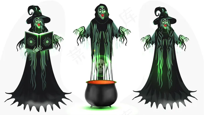 一套巫婆卡通人物与魔法书和锅在白色。eps,ai矢量模版下载