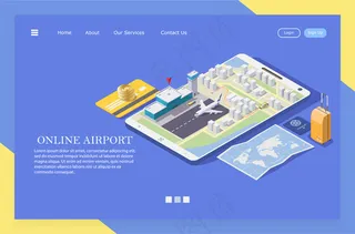 通过手机app移动应用程序订购出租车到机场的等角图