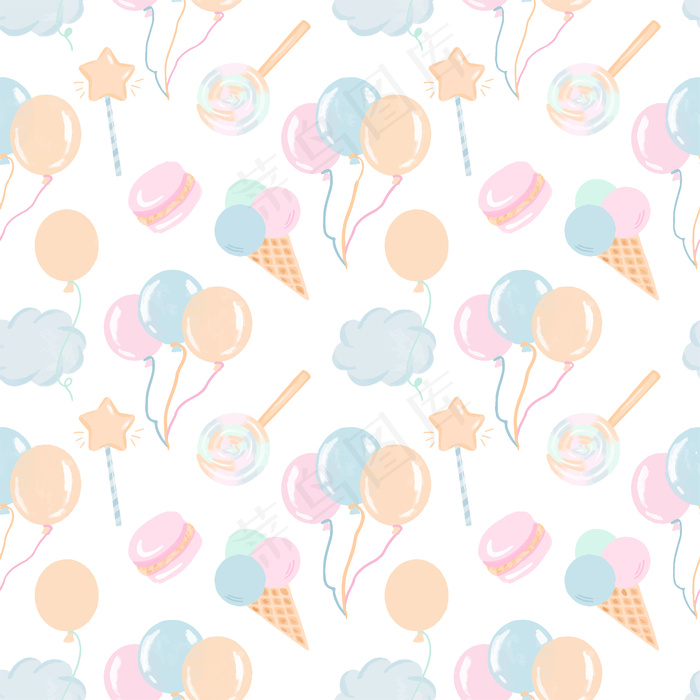 无缝图案与手绘糖果，气球和云彩在粉彩的颜色