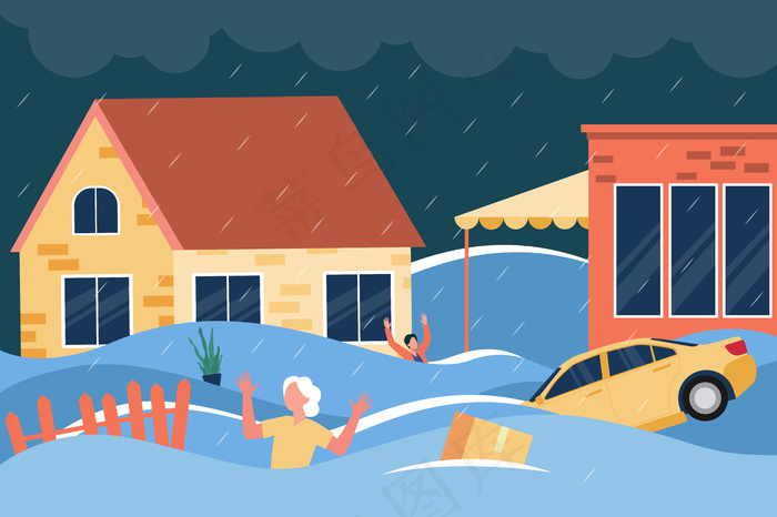 震惊的人们在齐腰深的房屋、漂浮的汽车和箱子之间挥手呼救