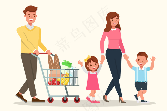 幸福的家庭，在超市买食物。eps,ai矢量模版下载