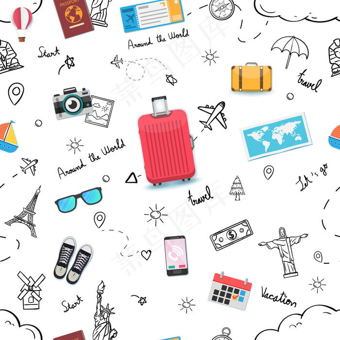 无缝模式旅行或商务旅行。涂鸦手绘旅行者与*世界著名的地标。