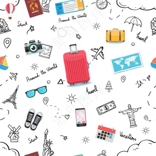 无缝模式旅行或商务旅行。涂鸦手绘旅行者与*世界著名的地标。