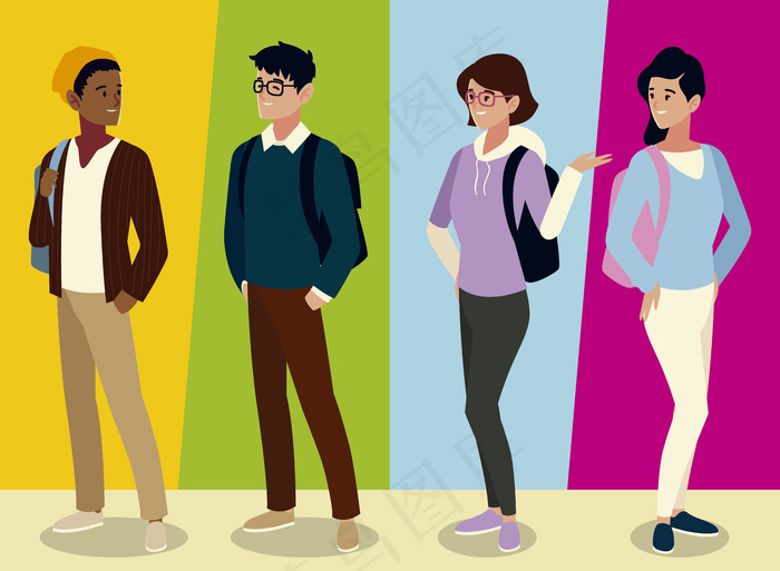 学生们带着书包，背景为彩色插图eps,ai矢量模版下载