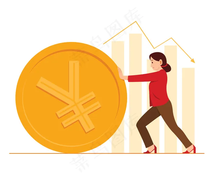 一名女工人推着一枚巨大的人民币硬币和背景上的条形图。