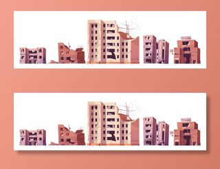 战争或地震后毁坏的城市建筑。