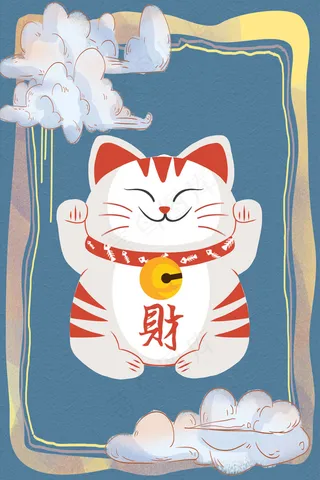 招财猫可爱卡通蓝色banner