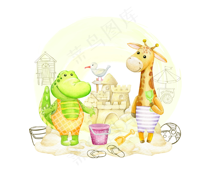 鳄鱼，长颈鹿，在沙滩上建造一座沙堡。水彩概念。
