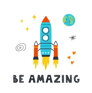 海报上有可爱的火箭、星星、行星和“令人惊叹”的字样。婴儿房、贺卡、T 恤的矢量设计。