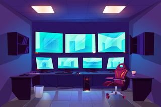 安全控制cctv室内，多个监视器显示监控摄像机的视频