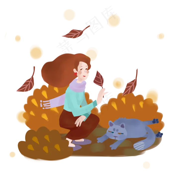 秋天女士细闻落叶猫咪PNG图(2000X2000(DPI:300))psd模版下载