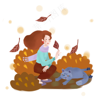 秋天女士细闻落叶猫咪PNG图
