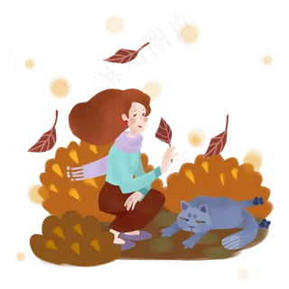 秋天女士细闻落叶猫咪PNG图
