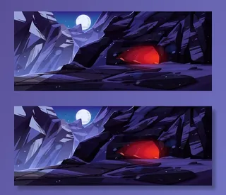 有山洞入口的山在夜间从洞内被照亮。