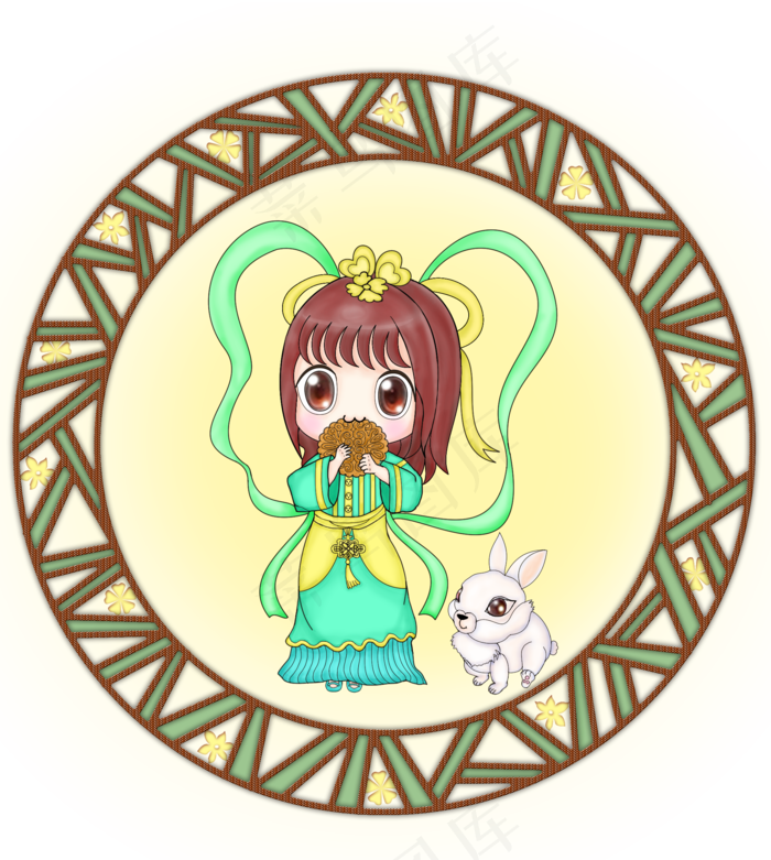 中秋节吃月饼Q版嫦娥与兔子和边