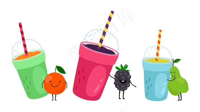 水果饮料。快乐卡通橙，梨和黑莓。