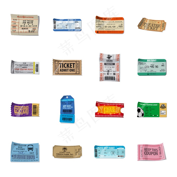 门票卡通图标集。