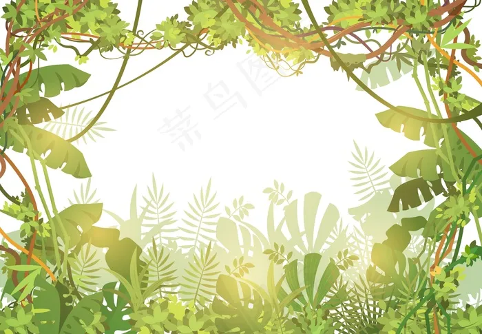 热带丛林框架背景。热带雨林，有热带叶子和藤蔓植物。热带自然景观与树木。矢量图解eps,ai矢量模版下载