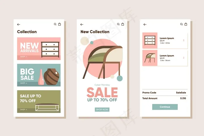 家具购物应用程序集eps,ai矢量模版下载