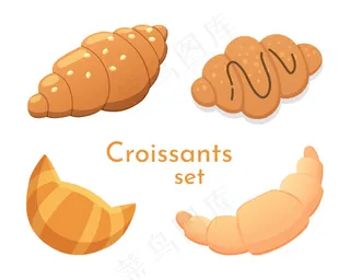 不同风格的新鲜牛角包。羊角面菜鸟图库标集。