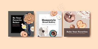 带有烘焙设计和水彩插图的方形模板模板