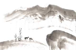 深山牧羊水墨画PNG免抠素材
