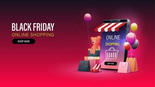 黑色星期五网上购物横幅banner。在手机和网站上进行网上购物。横幅