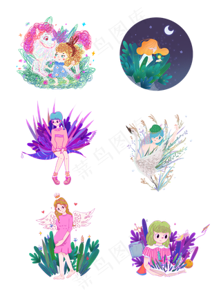 手绘少女人物设计元素合集