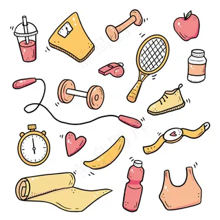 手绘健身套装，健身器材，活动生活方式理念。涂鸦素描风格。运动元素由数码笔绘制。图标、框架、背景的插图。