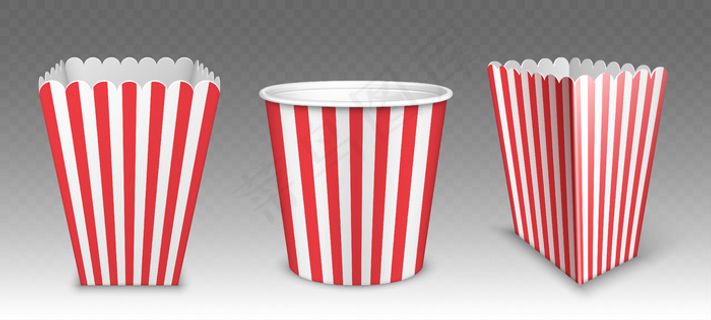 条纹桶爆米花，鸡翅或腿模型样机隔离在透明