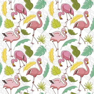 有热带叶子的粉红色火烈鸟图案
