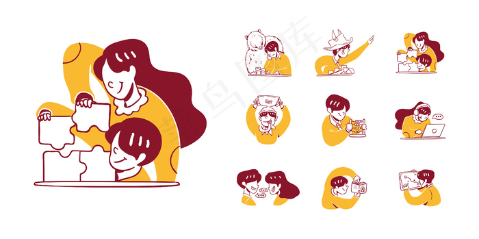 9商业和金融图标插画轮廓手绘设计风格。男人，女人解谜，分析，增加，减少，牛市，熊市，算盘，工作，笔记本电脑，讨论，图表