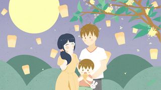 中秋节圆月团圆小清新童趣中秋