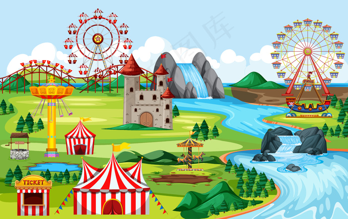 游乐场设有嘉年华会和多个游乐设施的景观场景
