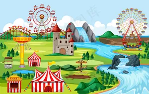 游乐场设有嘉年华会和多个游乐设施的景观场景