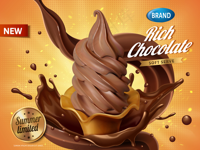 巧克力软服务冰淇淋广告，现实的软服务与飞溅巧克力为夏季