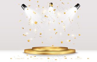 金色的五彩纸屑落在美丽的讲台上。基座上的飘带。