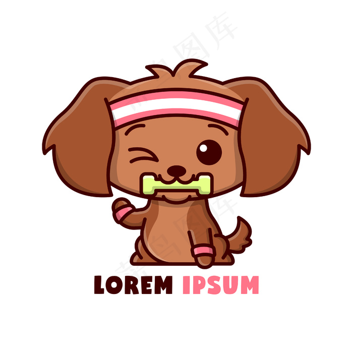 可爱的棕色小狗咬哑铃，而运动卡通插图