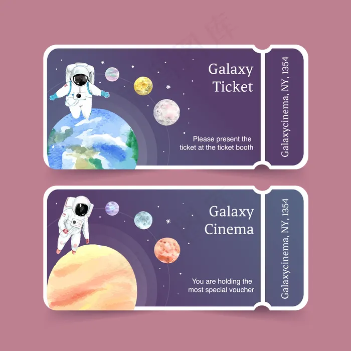 银河票证模板与宇航员，行星，地球水彩画插图。eps,ai矢量模版下载